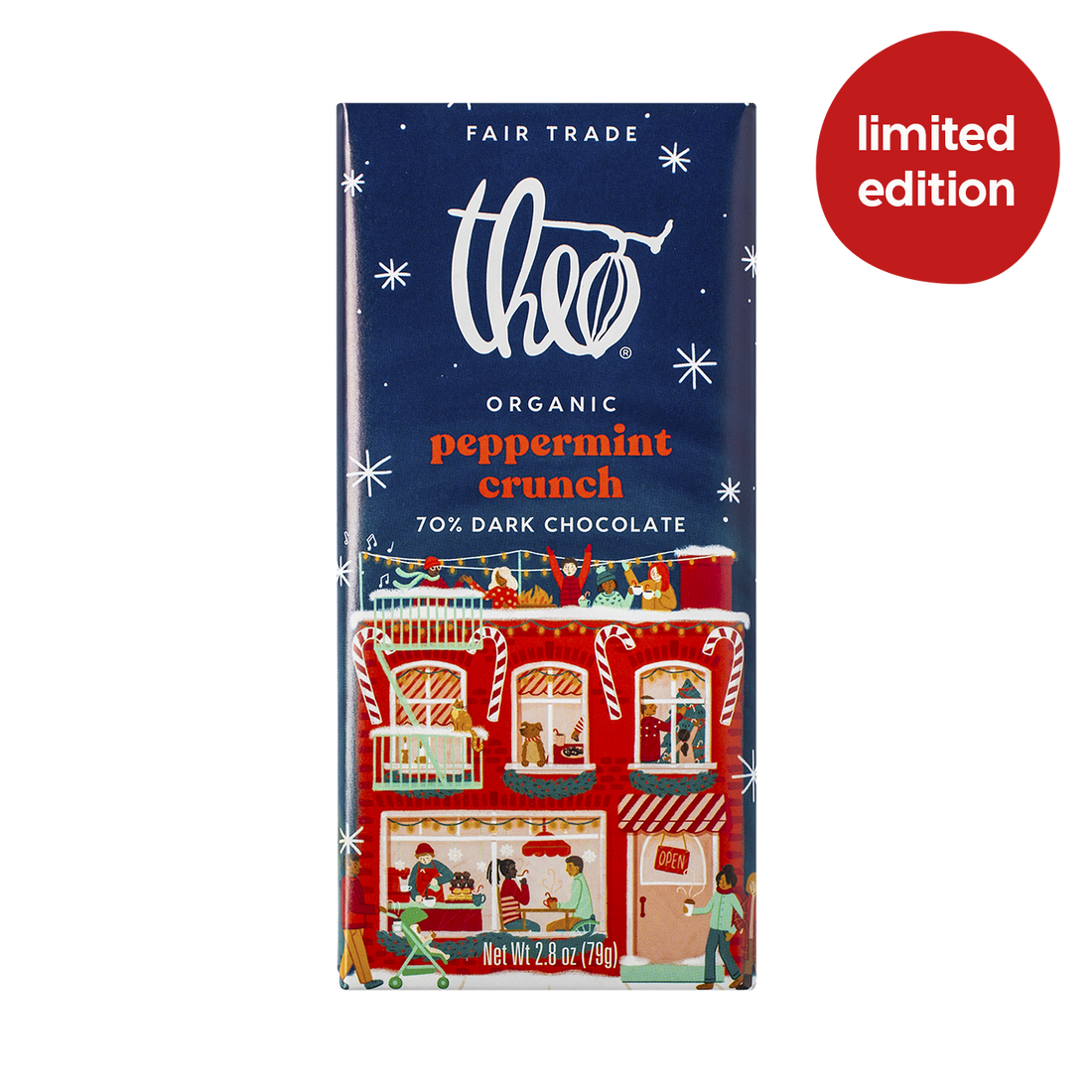 Theo Organic Peppermint Crunch 70% Dark Chocolate bar packaging with festive design and &