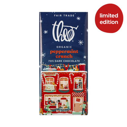 Theo Organic Peppermint Crunch 70% Dark Chocolate bar packaging with festive design and &