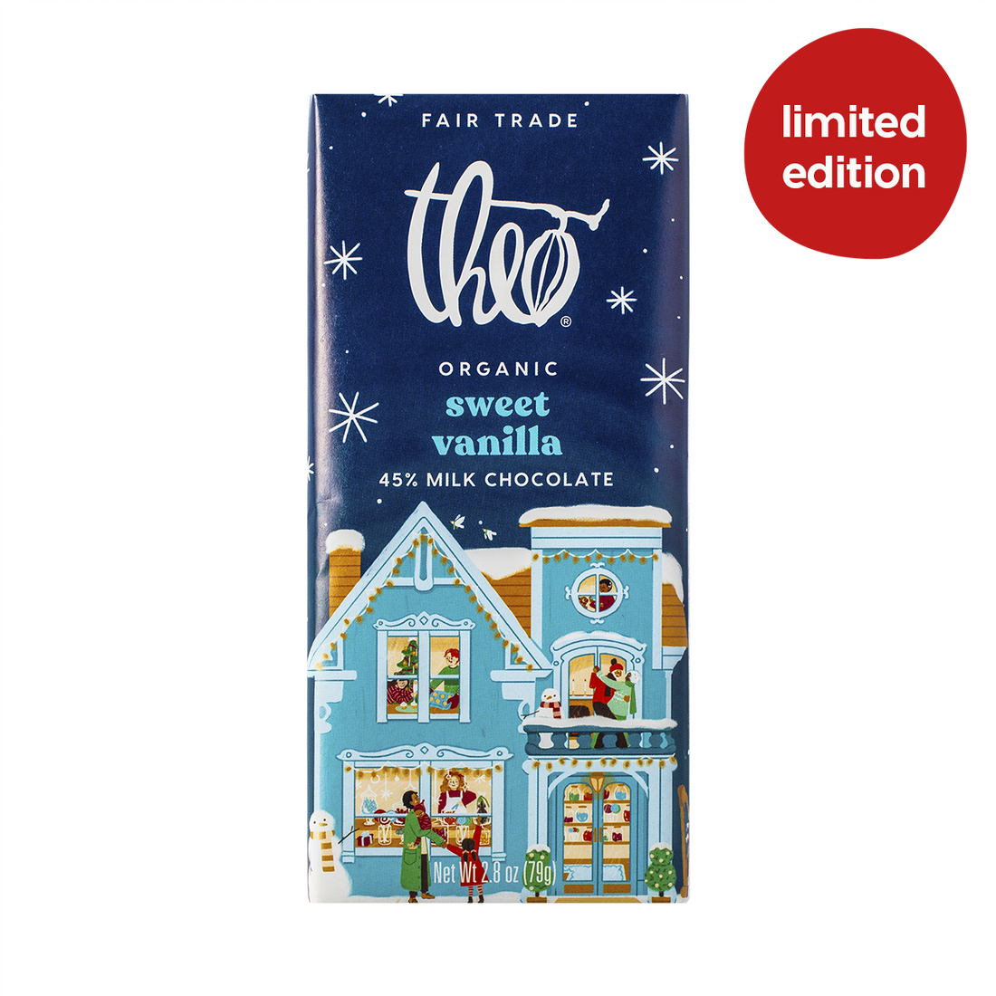 Theo Organic sweet vanilla milk chocolate bar packaging with a limited edition label on a white background