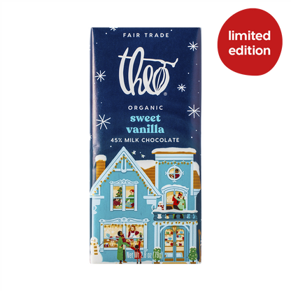 Theo Organic sweet vanilla milk chocolate bar packaging with a limited edition label on a white background
