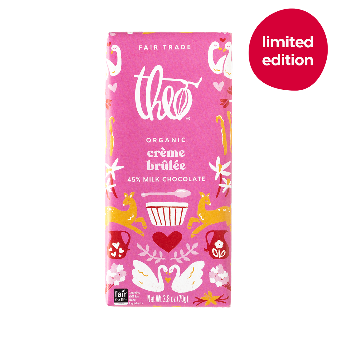 Pink limited edition Theo crème brélèe 45% milk chocolate bar packaging
