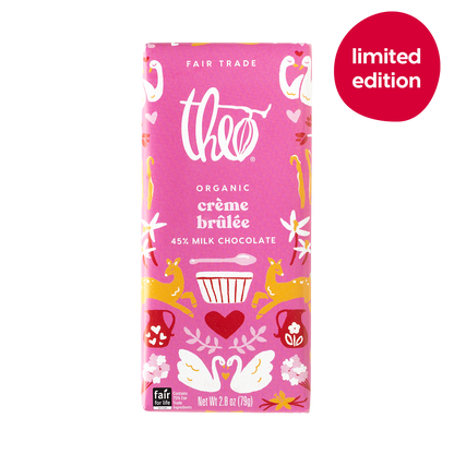 Pink limited edition Theo crème brélèe 45% milk chocolate bar packaging