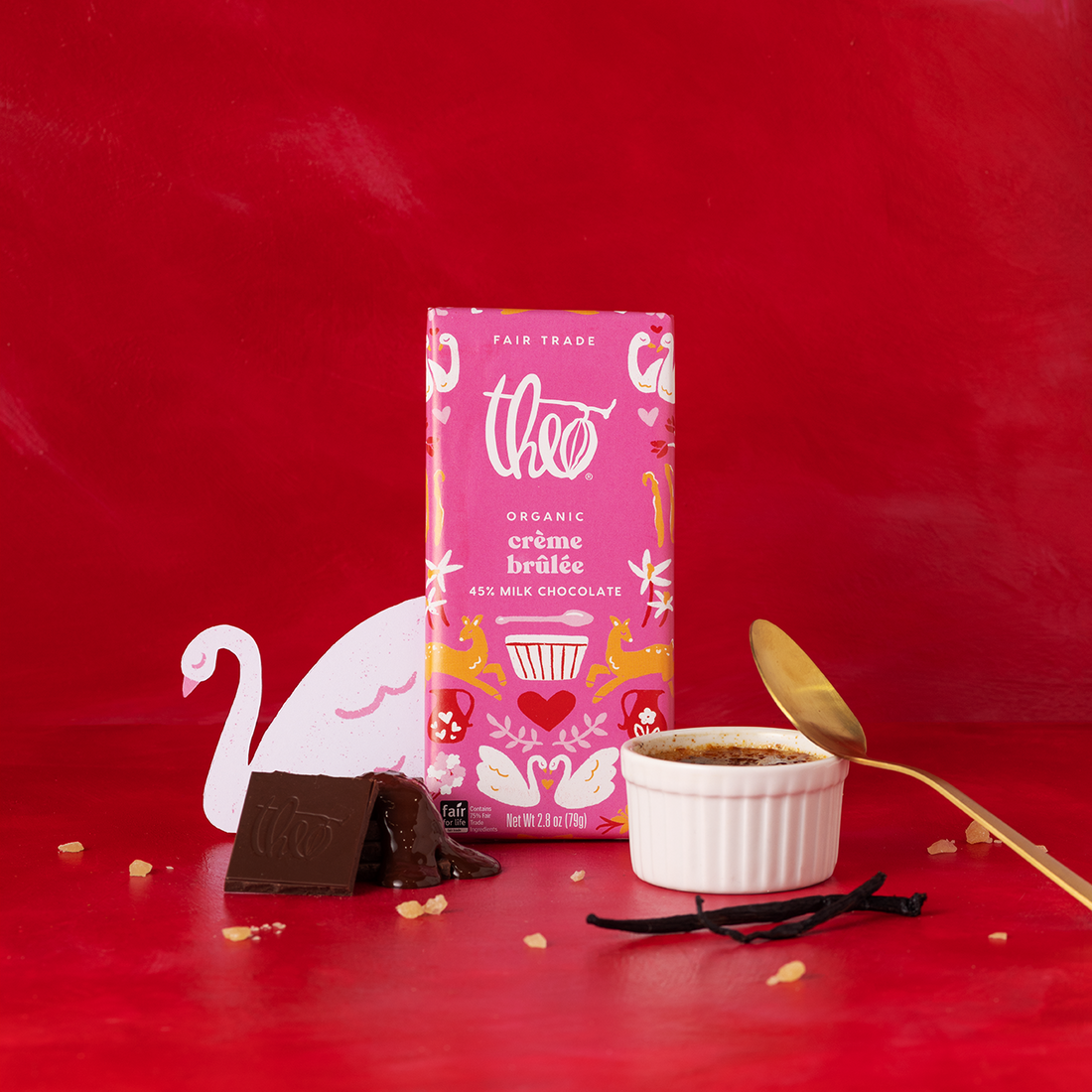Theo crème brélèe chocolate bar with a red background