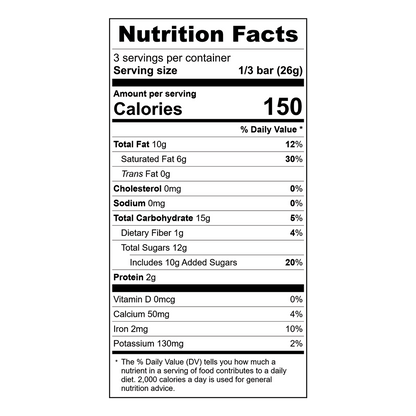Nutrition facts label for Theo crème brélèe 45% milk chocolate bar