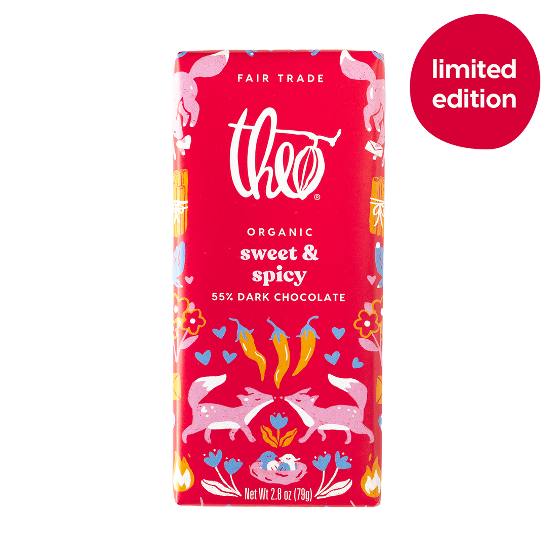 Limited Edition Theo organic sweet &amp; spicy dark chocolate bar packaging