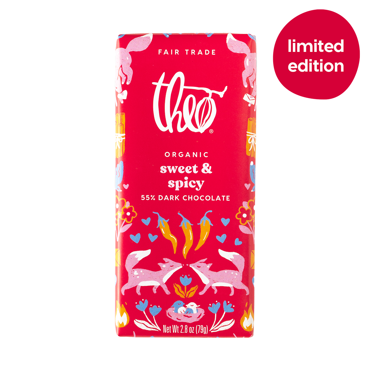 Limited Edition Theo organic sweet &amp; spicy dark chocolate bar packaging