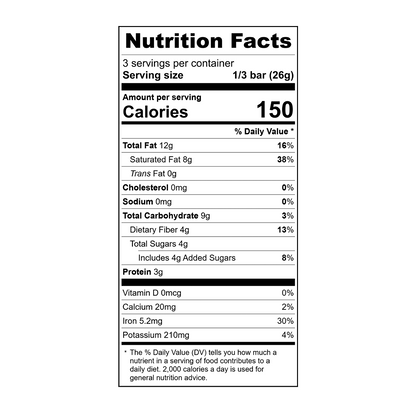 Nutrition facts label for Theo black coffee 85% dark chocolate bar