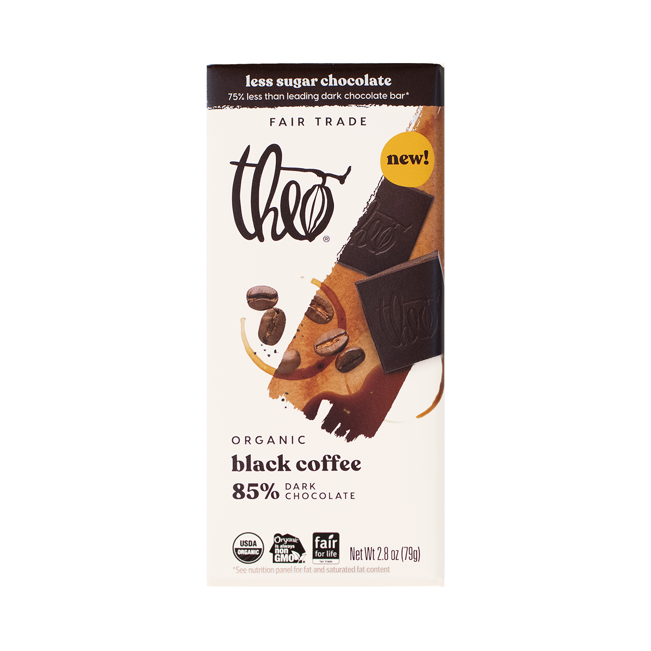 Theo Organic Black Coffee 85% Dark Chocolate bar, front of packaging 