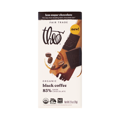 Theo Organic Black Coffee 85% Dark Chocolate bar, front of packaging 