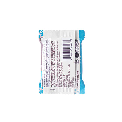 Back view of a Theo sweet &amp; salty individually wrapped chocolate bar packaging with nutritional information and a barcode