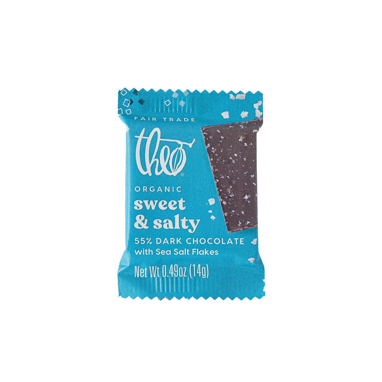 Blue package of Theo Organic sweet &amp; salty dark chocolate single