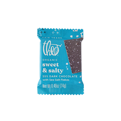 Blue package of Theo Organic sweet &amp; salty dark chocolate single