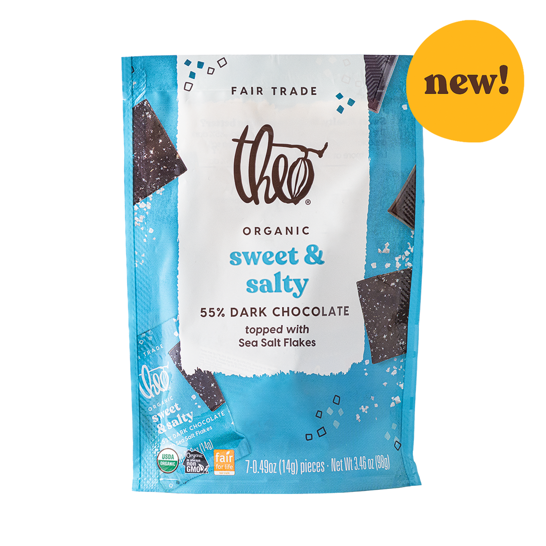 Theo organic sweet &amp; salty 55% dark chocolate packaging with a &
