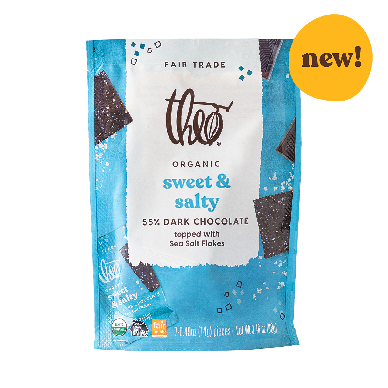 Theo organic sweet &amp; salty 55% dark chocolate packaging with a &