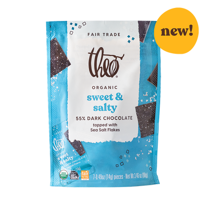 Theo organic sweet &amp; salty 55% dark chocolate packaging with a &