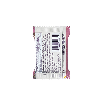 Back of an individually wrapped Vanilla Crunch Theo Chocolate bar packaging with barcode and nutritional information