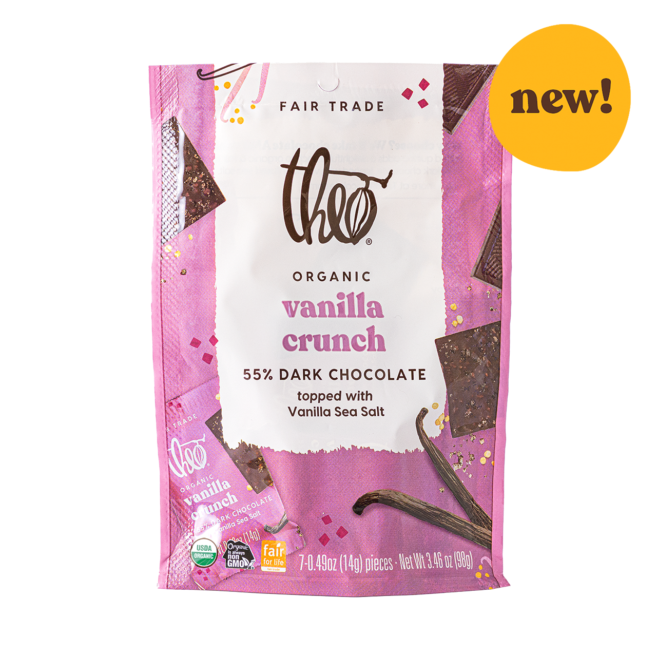 Pink packaging of Theo Organic Vanilla Crunch 55% Dark Chocolate with &