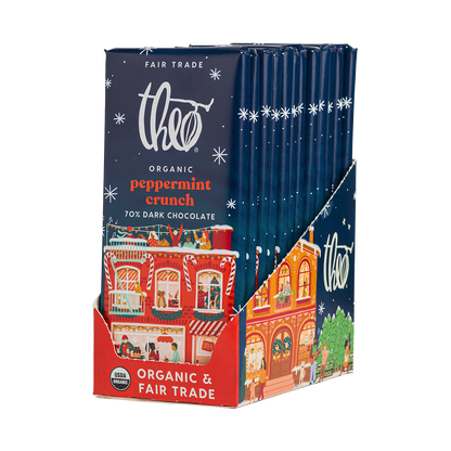 Box of 12 Theo Organic Peppermint Crunch 70% Dark Chocolate bars with festive design
