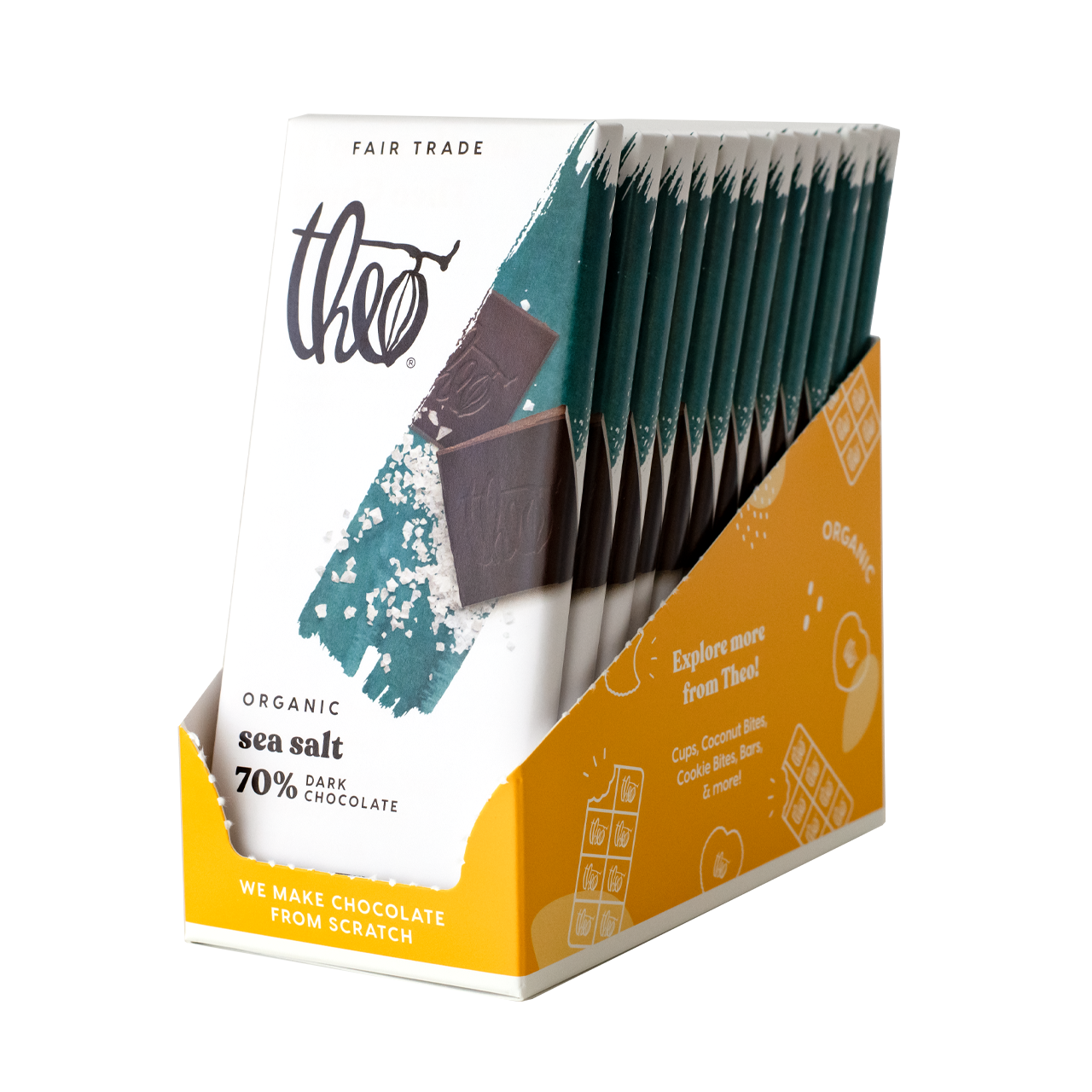 Box of 12 Theo Organic sea salt dark chocolate bars on a white background