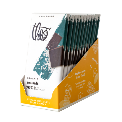 Box of 12 Theo Organic sea salt dark chocolate bars on a white background