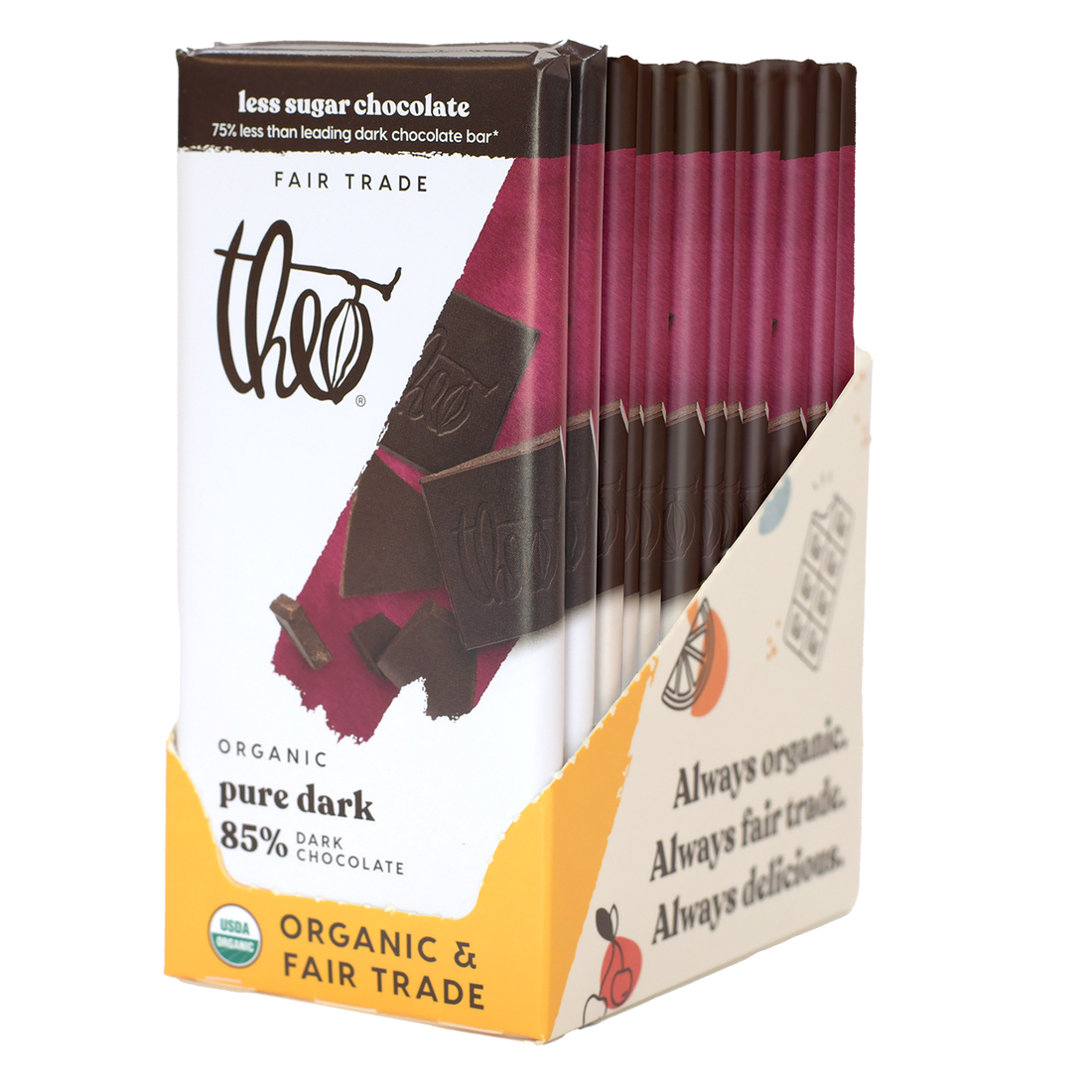 Box of 12 Theo Organic Pure Dark 85% chocolate bars on a white background