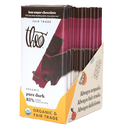 Box of 12 Theo Organic Pure Dark 85% chocolate bars on a white background