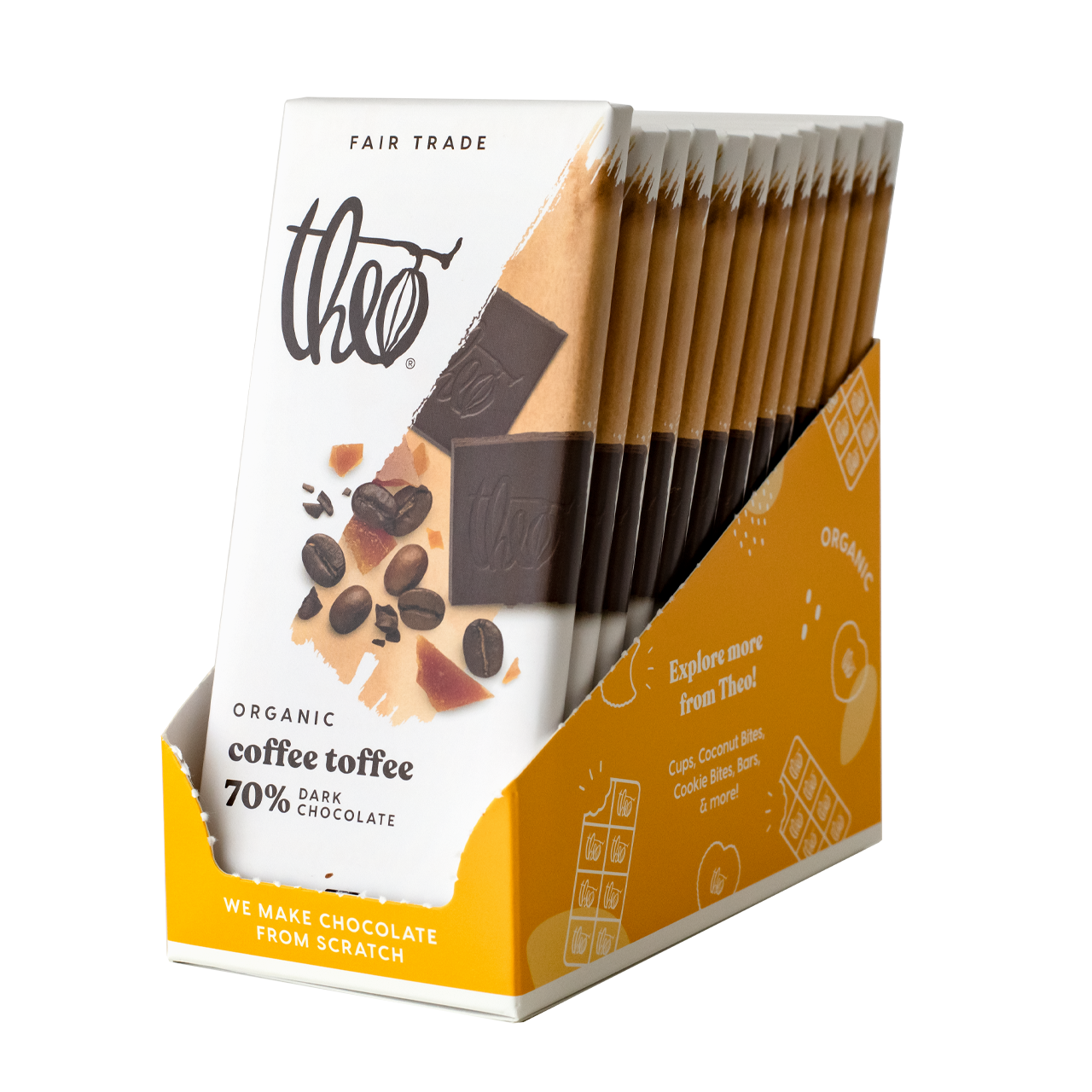 Box of 12 Theo Organic coffee toffee dark chocolate bars on a white background