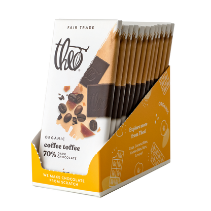 Box of 12 Theo Organic coffee toffee dark chocolate bars on a white background