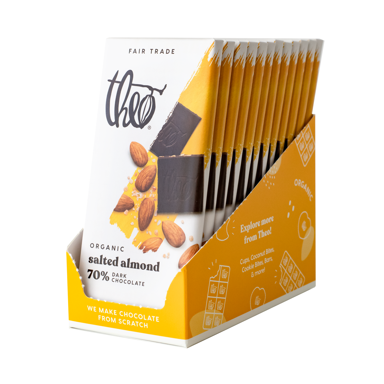 Box of 12 Theo Organic salted almond dark chocolate bars on a white background