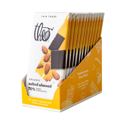 Box of 12 Theo Organic salted almond dark chocolate bars on a white background