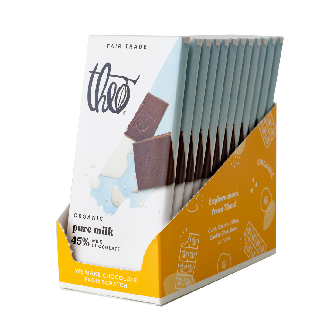 Box of 12 Theo Organic pure milk chocolate bars on a white background
