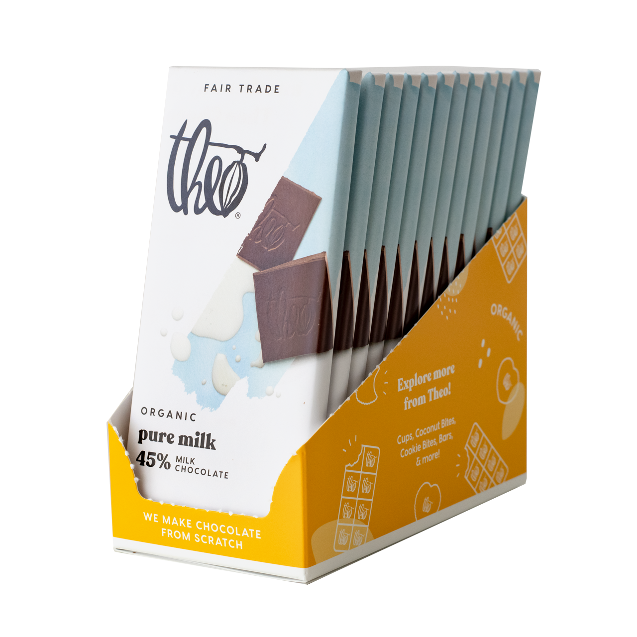 Box of 12 Theo Organic pure milk chocolate bars on a white background