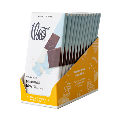 Box of 12 Theo Organic pure milk chocolate bars on a white background