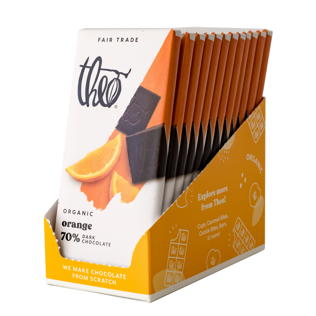 Box of 12 Theo Organic Orange 70% Dark Chocolate bars on a white background