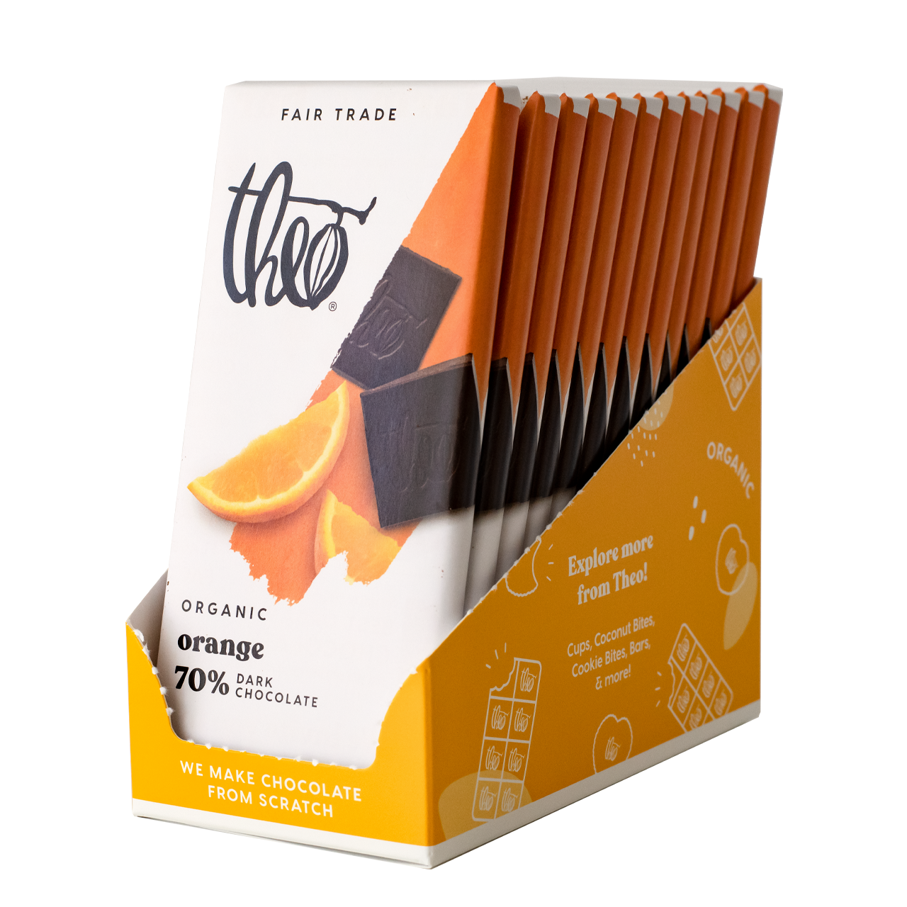 Box of 12 Theo Organic Orange 70% Dark Chocolate bars on a white background