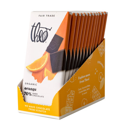 Box of 12 Theo Organic Orange 70% Dark Chocolate bars on a white background