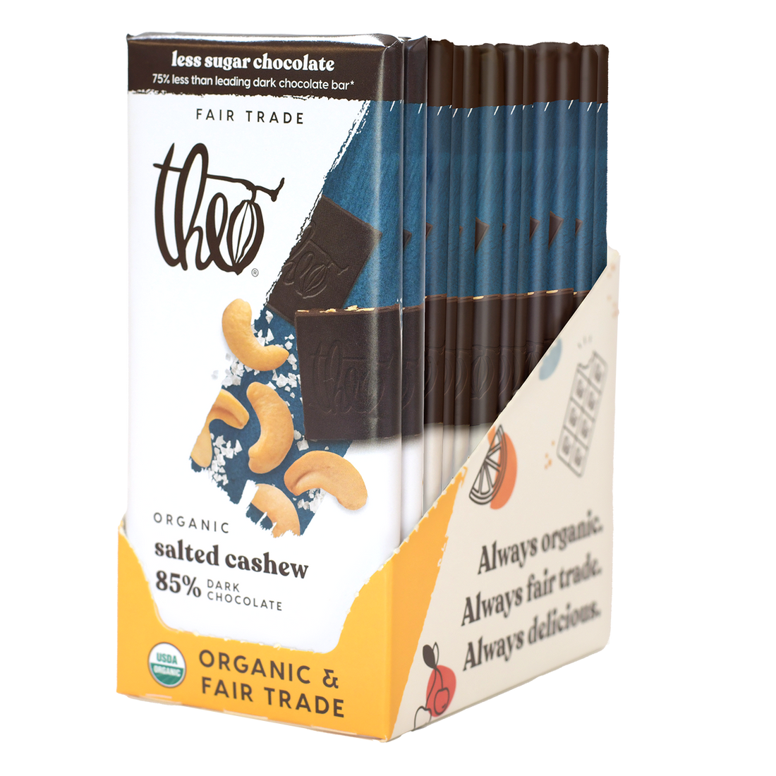 Box of 12 Theo salted cashew 85% dark chocolate bars on a white background