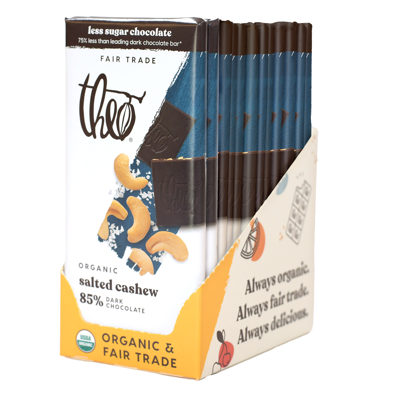 Box of 12 Theo salted cashew 85% dark chocolate bars on a white background