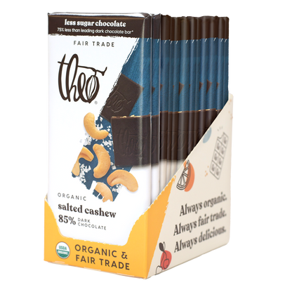 Box of 12 Theo salted cashew 85% dark chocolate bars on a white background