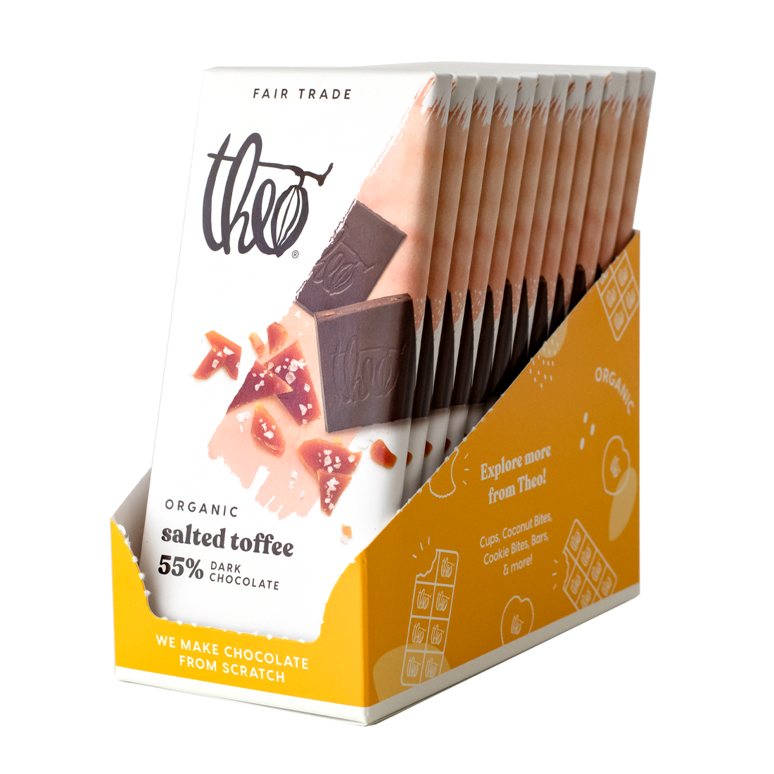 Box of 12 Theo Organic salted toffee dark chocolate bars on a white background