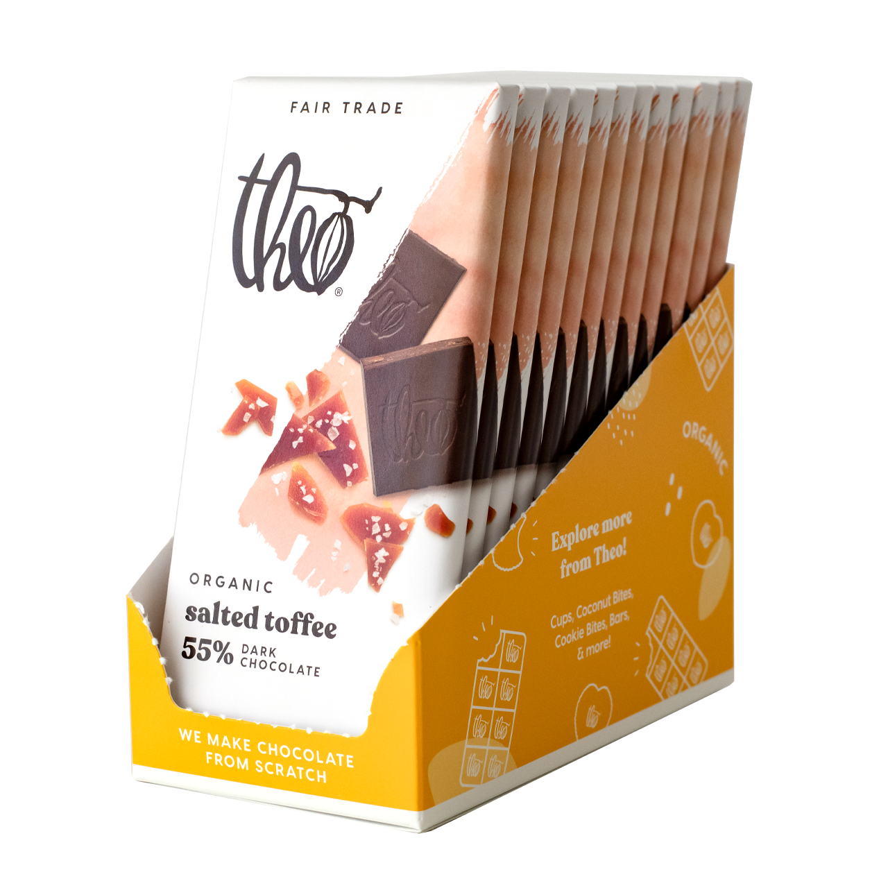 Box of 12 Theo Organic salted toffee dark chocolate bars on a white background