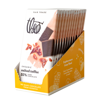 Box of 12 Theo Organic salted toffee dark chocolate bars on a white background