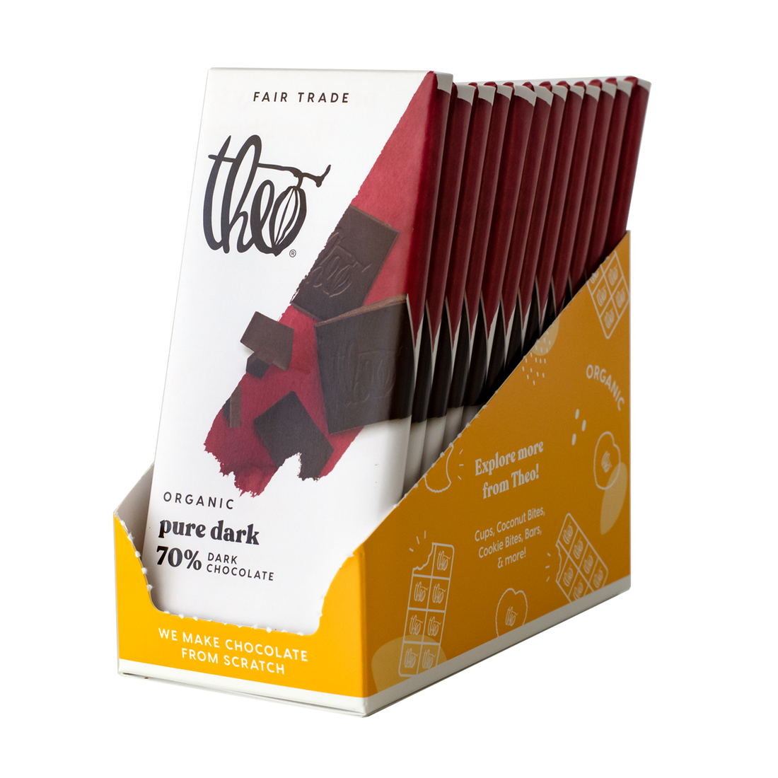 Box of 12 Theo Organic Pure Dark 70% Chocolate bars in packaging on a white background