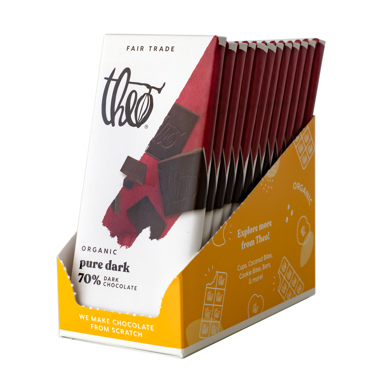 Box of 12 Theo Organic Pure Dark 70% Chocolate bars in packaging on a white background