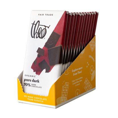 Box of 12 Theo Organic Pure Dark 70% Chocolate bars in packaging on a white background