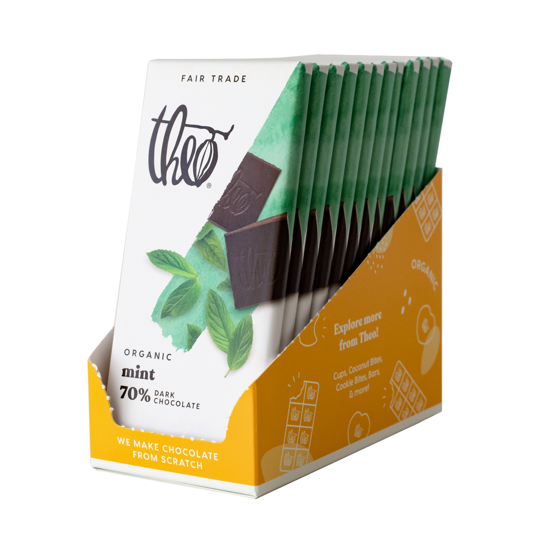 Box of 12 Theo Organic Mint Dark Chocolate with green and orange design.
