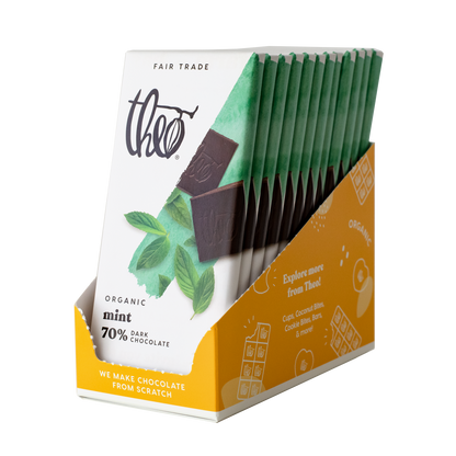 Box of 12 Theo Organic Mint Dark Chocolate with green and orange design.