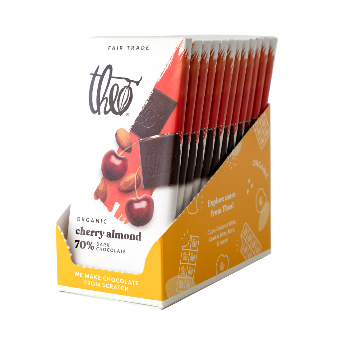 Box of 12 Theo Organic Cherry Almond 70% Dark Chocolate bars on a white background