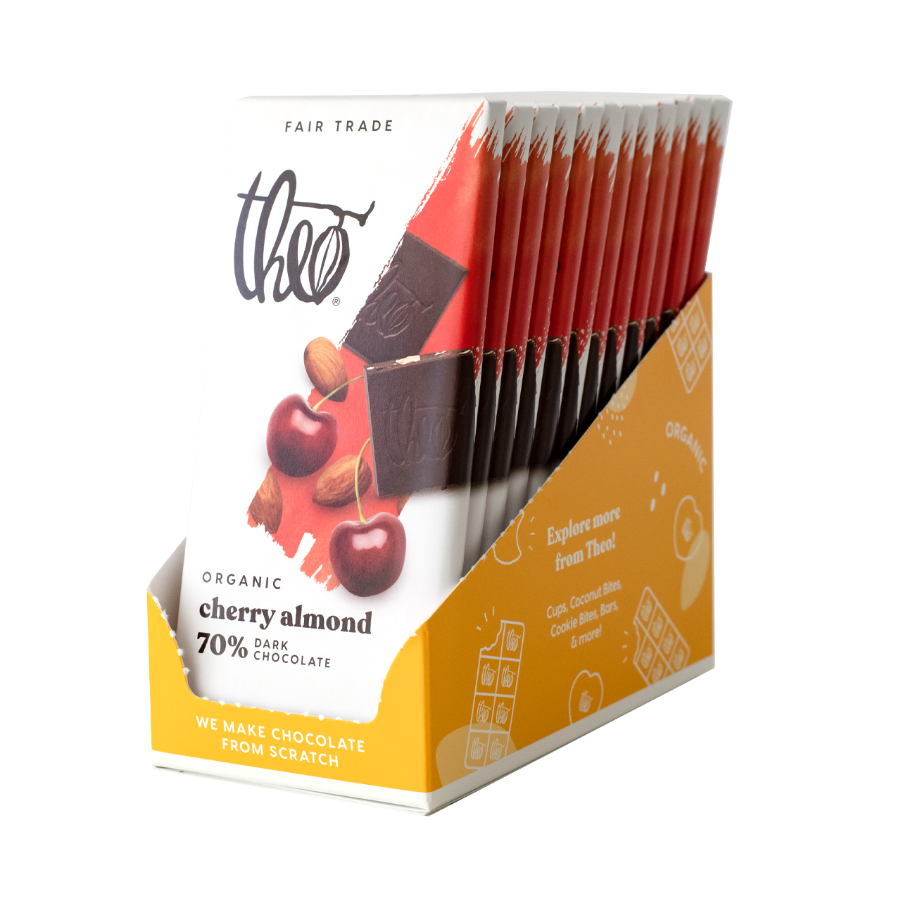 Box of 12 Theo Organic Cherry Almond 70% Dark Chocolate bars on a white background