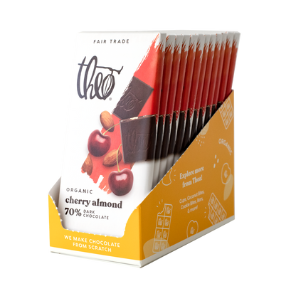 Box of 12 Theo Organic Cherry Almond 70% Dark Chocolate bars on a white background